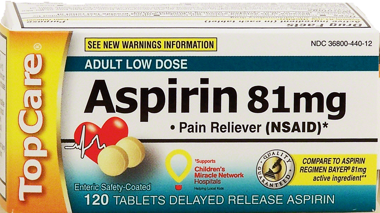 Top Care  aspirin 81 mg, pain reliever, delayed release tablets, enteric coated tablets Full-Size Picture